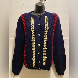 Preswick & Moore pure Wool  💯 Navy Cardigan with Red and Gold Accents♥️